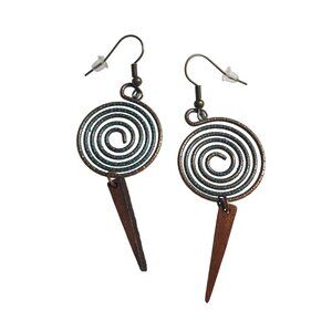 Handcrafted Patina Finish Spiral Earrings Drop Dangles Metal Wood Mixed Material